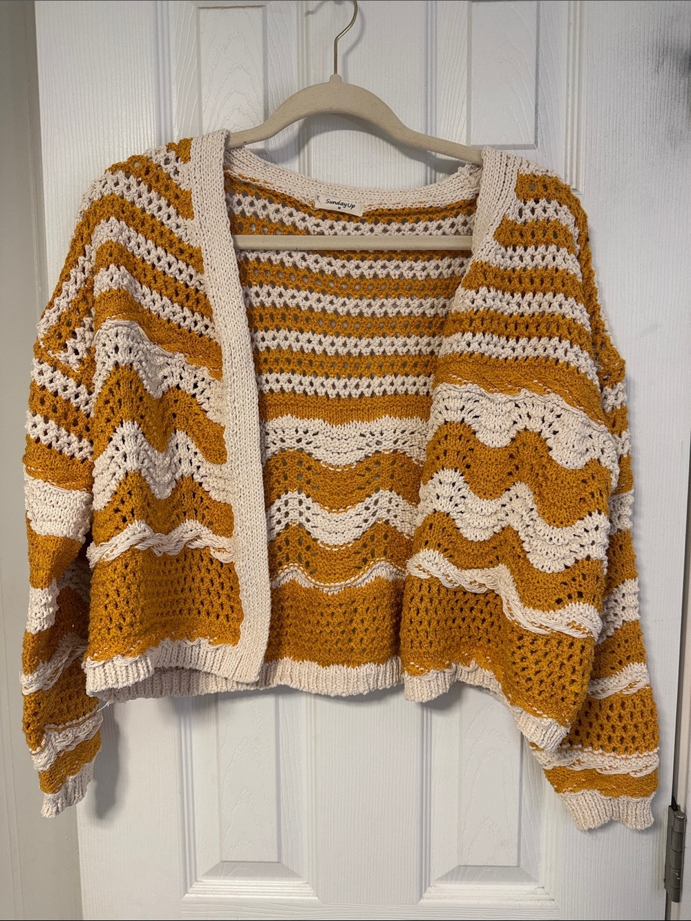 Sunday Mustard & Cream Crochet Open-Front Cardigan